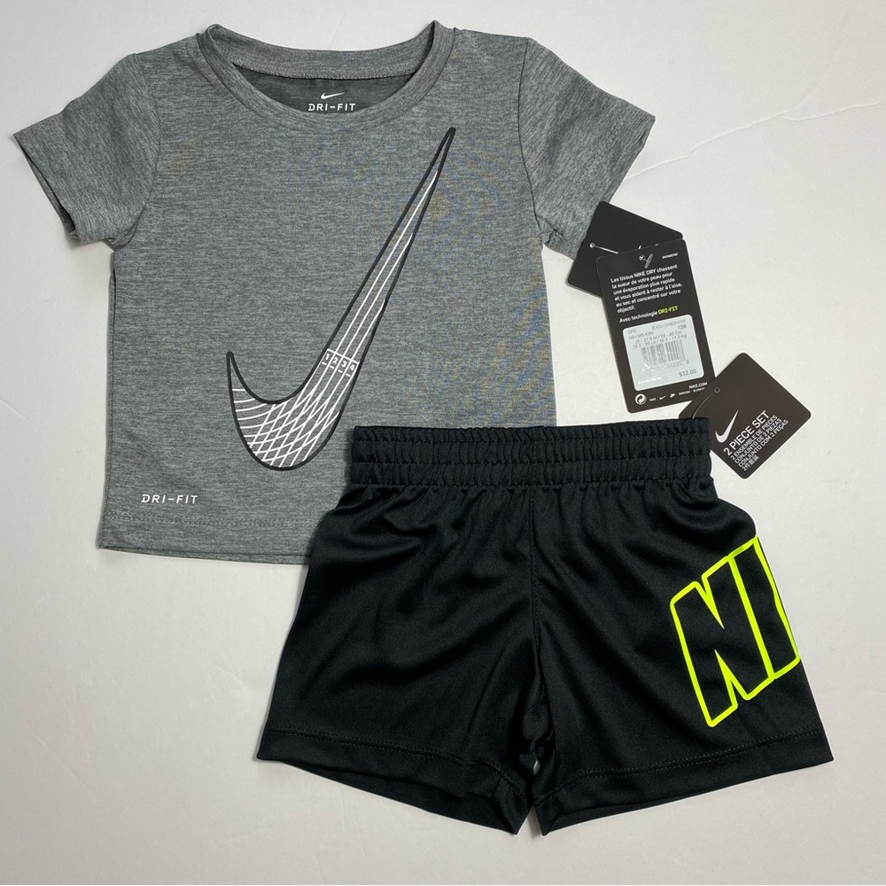Nike Baby Dri-FIT Tee Shirt & Shorts Logo Set Outfit Grey Black Sz 12M NEW